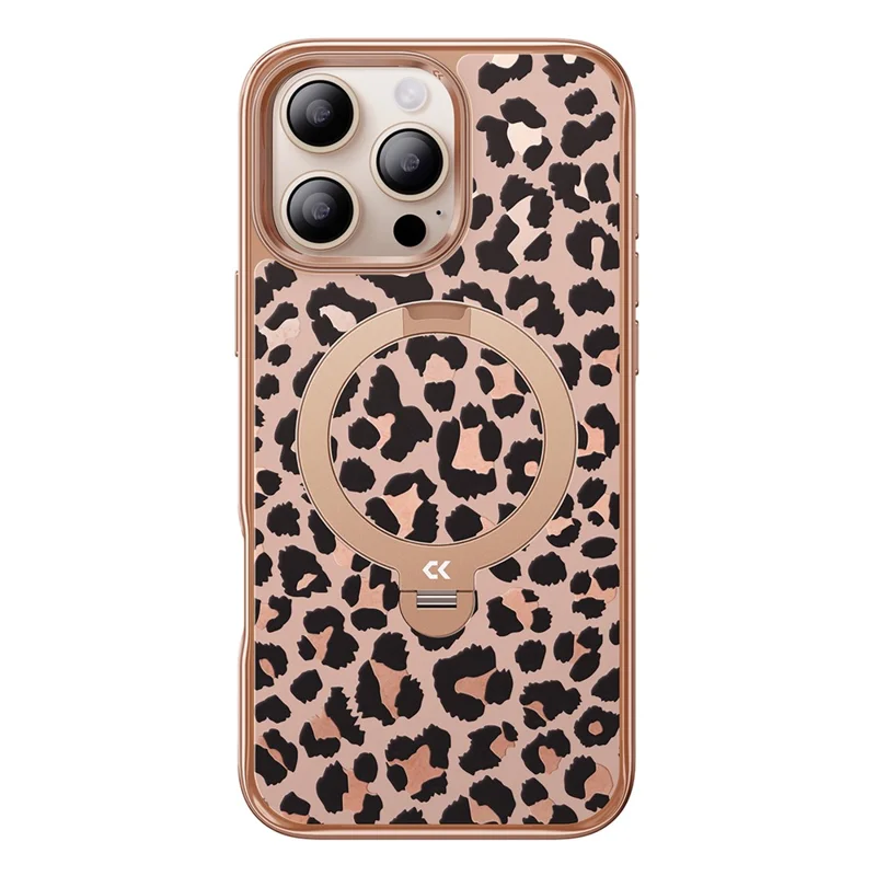 CASEKOO for iPhone 15 Pro Magnetic Case Leopard Print 360° Rotating Ring Kickstand PC + TPU Phone Cover - Rose Gold