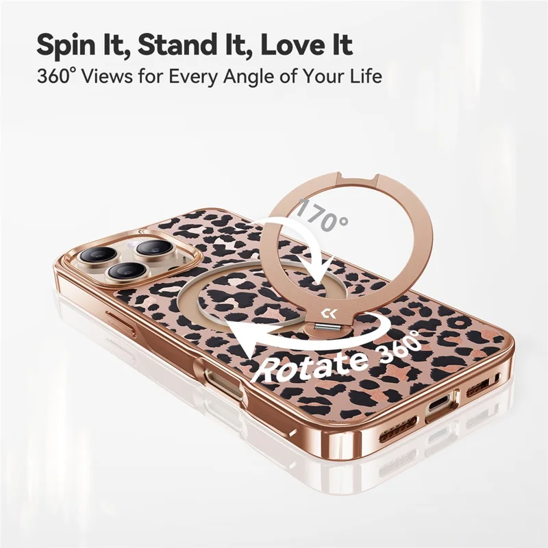 CASEKOO for iPhone 15 Pro Magnetic Case Leopard Print 360° Rotating Ring Kickstand PC + TPU Phone Cover - Rose Gold