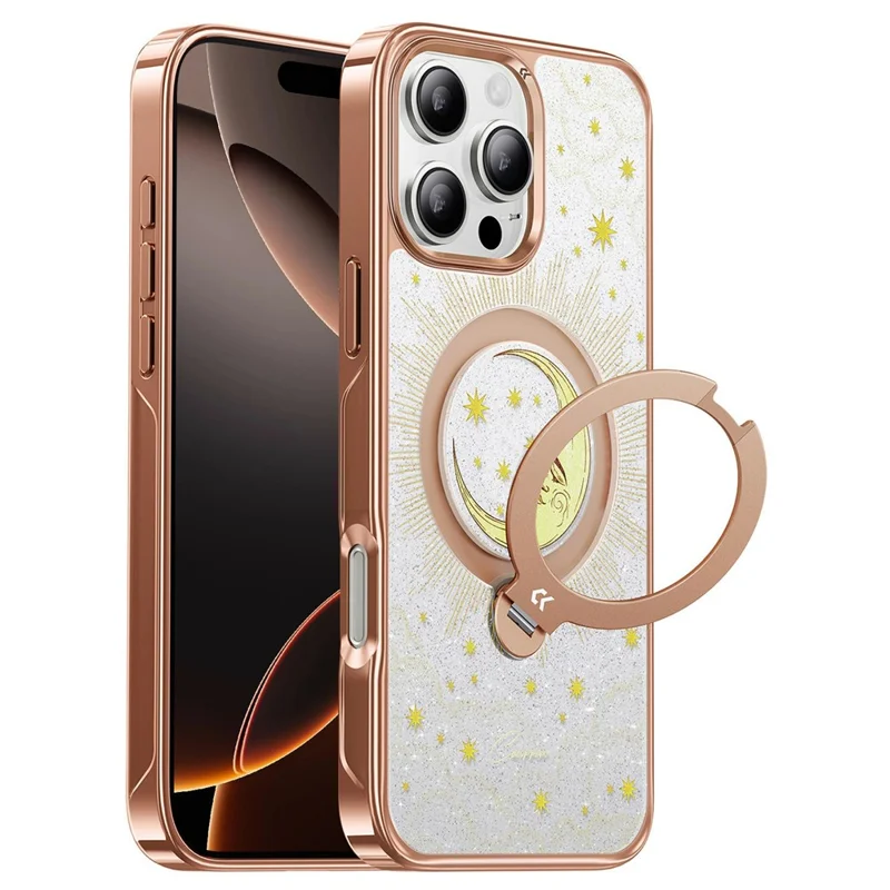 CASEKOO Tarot-serie til iPhone 16 Pro Max magnetisk hylster med UV 3D-printet PC + TPU telefonbeskyttelse med ringholder og støtteben - Tarot Orange Moon