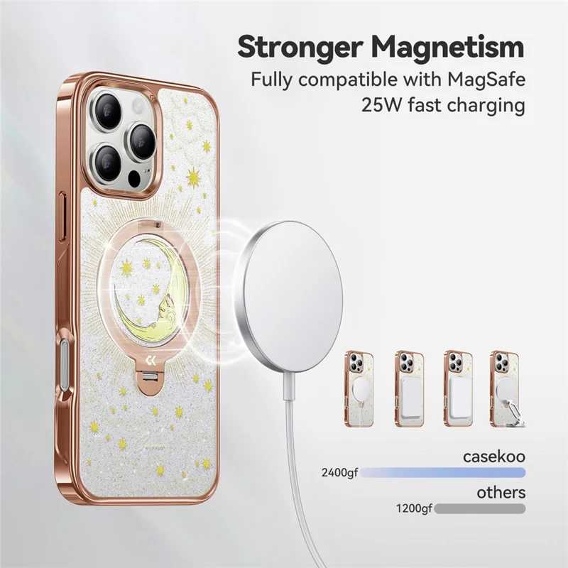 CASEKOO Tarot-serie til iPhone 16 Pro Max magnetisk hylster med UV 3D-printet PC + TPU telefonbeskyttelse med ringholder og støtteben - Tarot Orange Moon