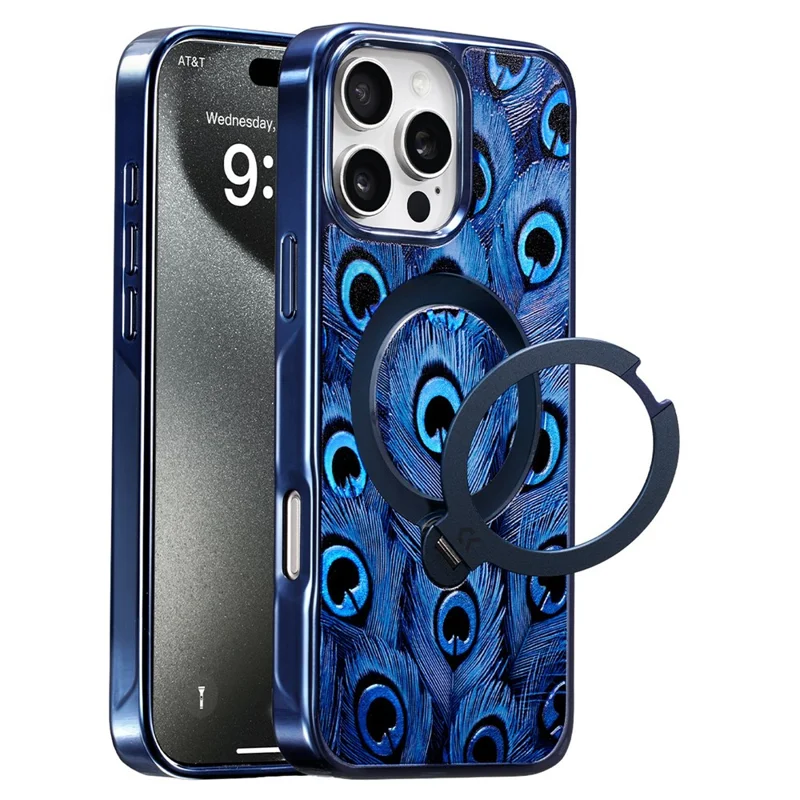 CASEKOO for iPhone 16 Pro Max Magnetic Case UV 3D Printing Rotating Ring Kickstand PC + TPU Phone Cover - Peacock Feather