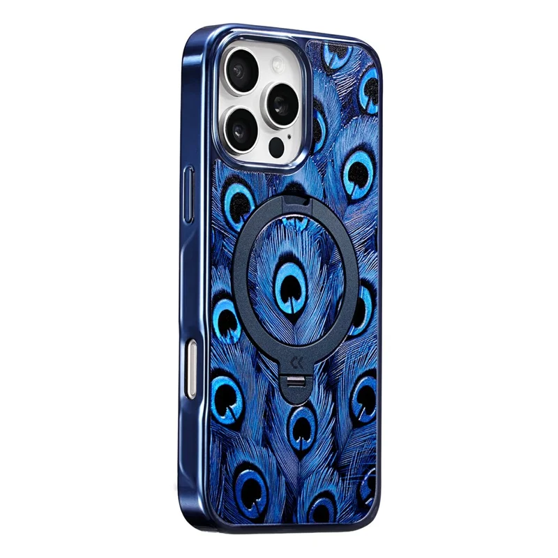 CASEKOO for iPhone 16 Pro Max Magnetic Case UV 3D Printing Rotating Ring Kickstand PC + TPU Phone Cover - Peacock Feather