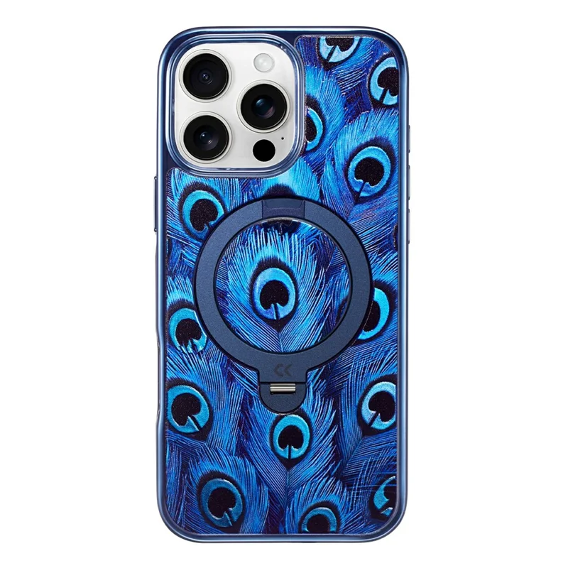 CASEKOO for iPhone 16 Pro Max Magnetic Case UV 3D Printing Rotating Ring Kickstand PC + TPU Phone Cover - Peacock Feather