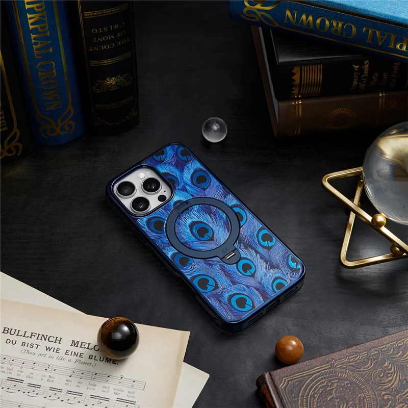 CASEKOO for iPhone 16 Pro Max Magnetic Case UV 3D Printing Rotating Ring Kickstand PC + TPU Phone Cover - Peacock Feather