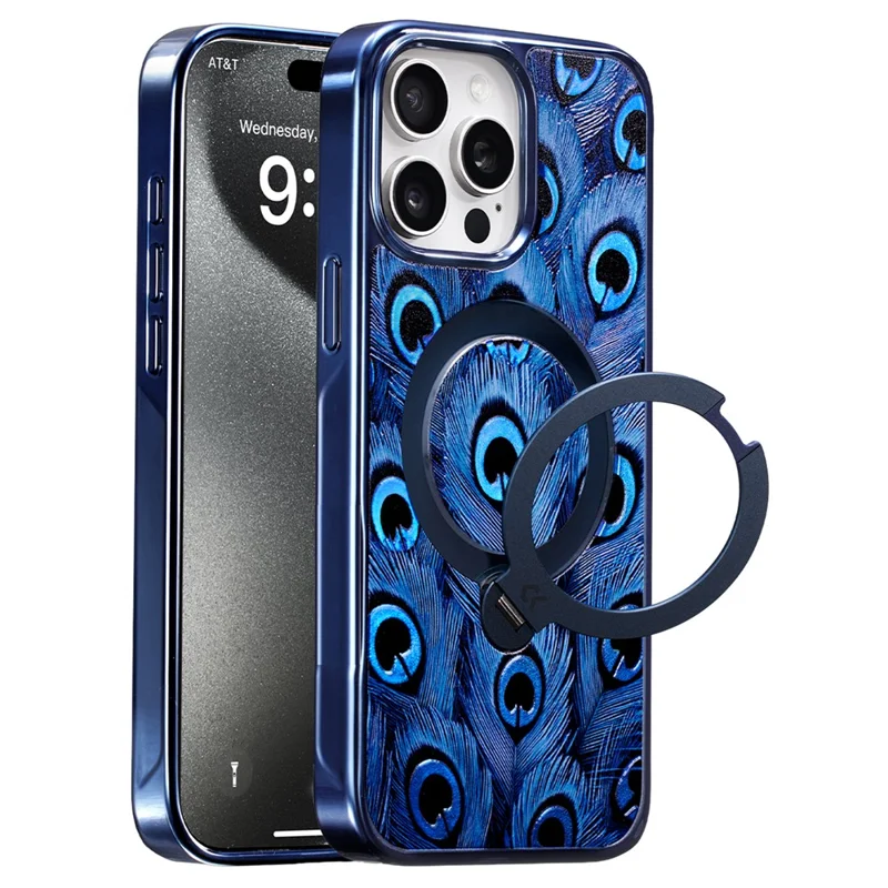 CASEKOO para iPhone 15 Pro Max Capa Magnética UV Impressão 3D Anel Giratório Suporte PC + TPU Capa para Telemóvel - Pena de Pavo-real