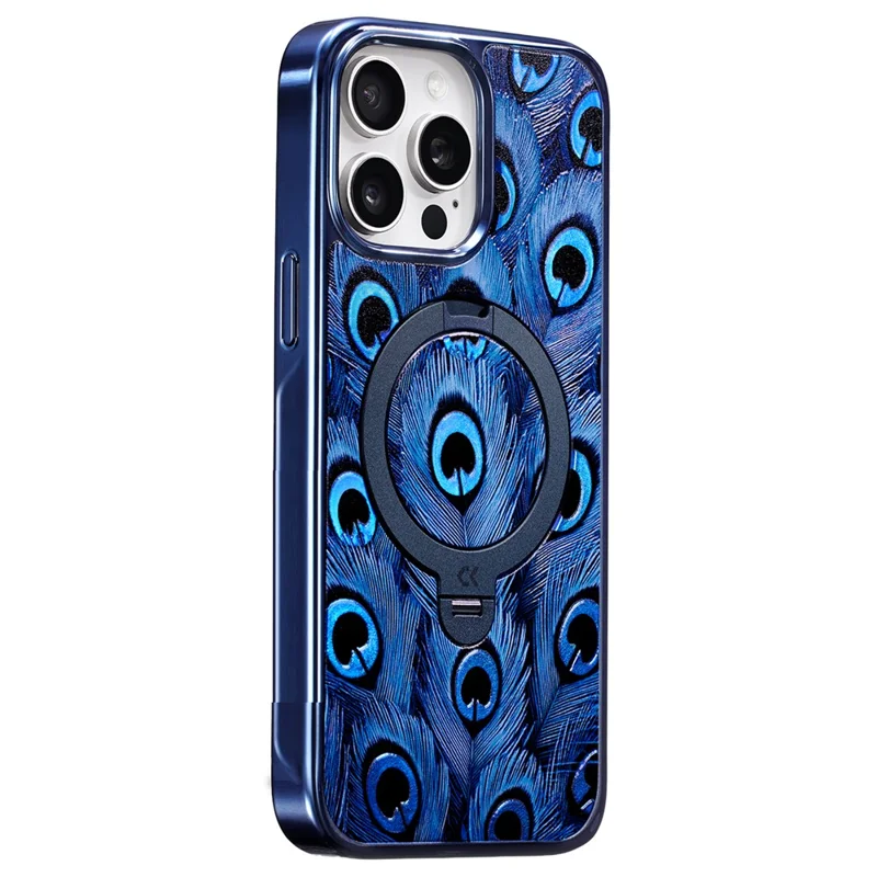 CASEKOO para iPhone 15 Pro Max Capa Magnética UV Impressão 3D Anel Giratório Suporte PC + TPU Capa para Telemóvel - Pena de Pavo-real