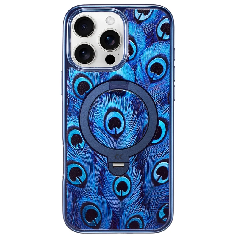 CASEKOO para iPhone 15 Pro Max Capa Magnética UV Impressão 3D Anel Giratório Suporte PC + TPU Capa para Telemóvel - Pena de Pavo-real