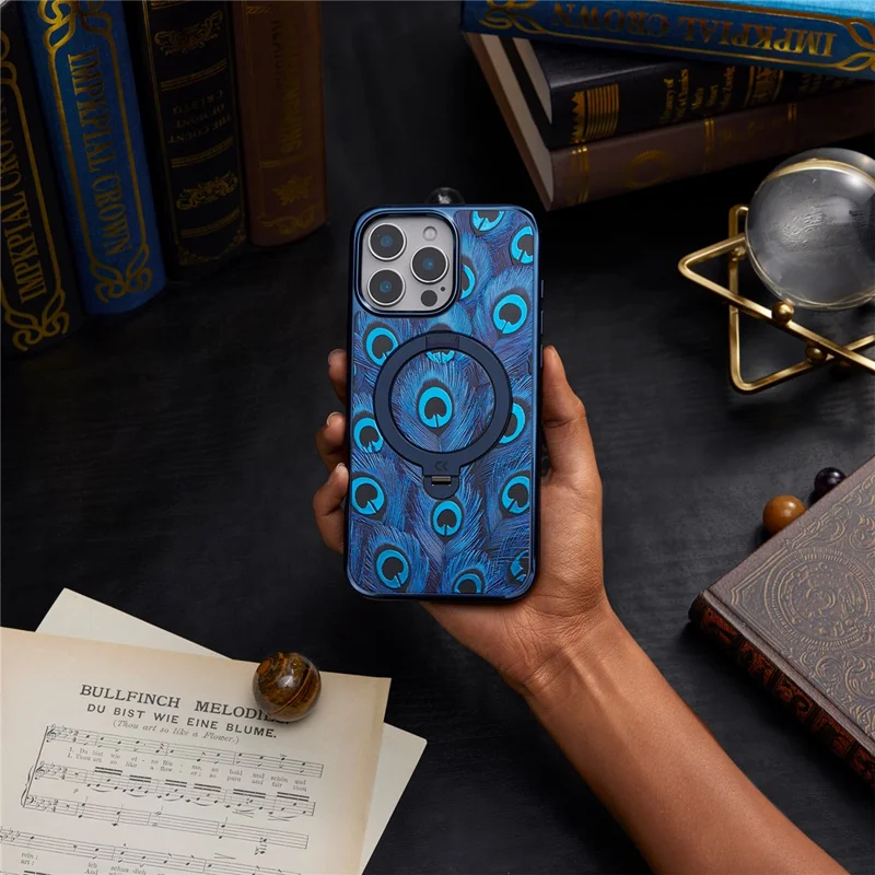 CASEKOO para iPhone 15 Pro Max Capa Magnética UV Impressão 3D Anel Giratório Suporte PC + TPU Capa para Telemóvel - Pena de Pavo-real