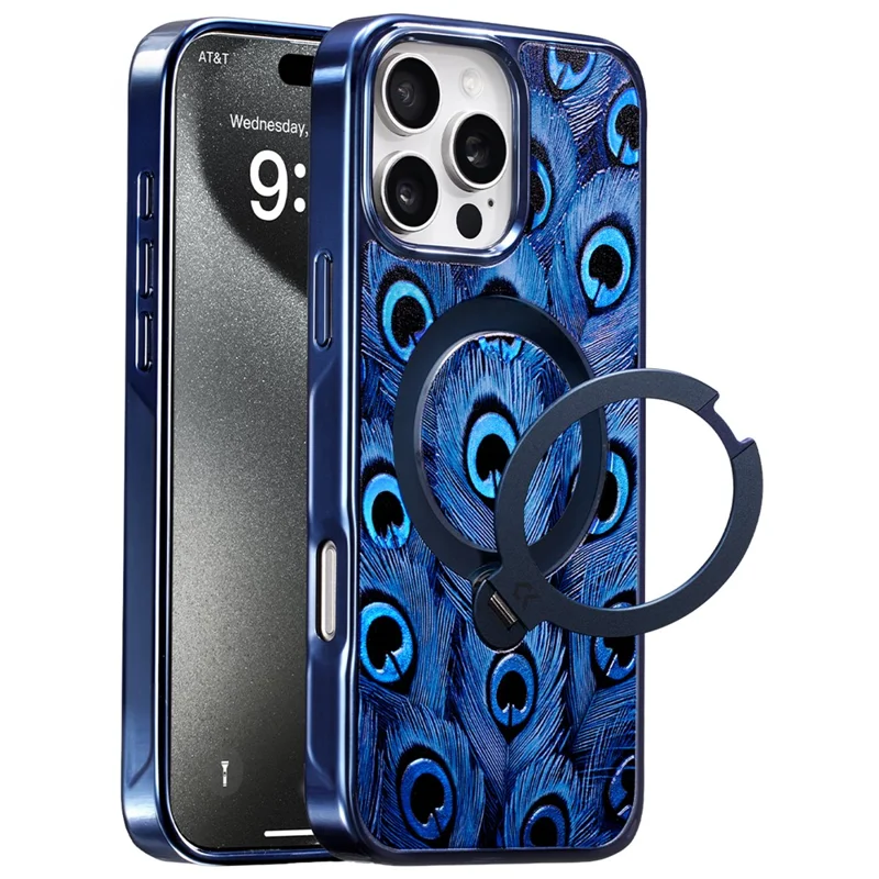 CASEKOO for iPhone 15 Pro Magnetic Case UV 3D Printing Rotating Ring Kickstand PC + TPU Phone Cover - Peacock Feather