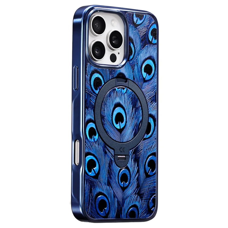 CASEKOO for iPhone 15 Pro Magnetic Case UV 3D Printing Rotating Ring Kickstand PC + TPU Phone Cover - Peacock Feather