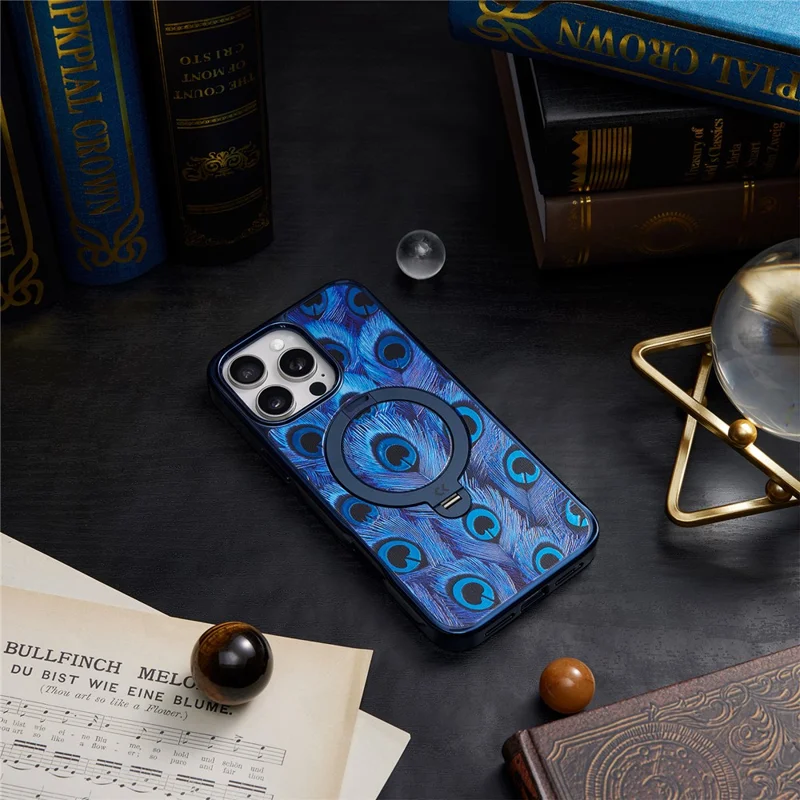 CASEKOO for iPhone 15 Pro Magnetic Case UV 3D Printing Rotating Ring Kickstand PC + TPU Phone Cover - Peacock Feather