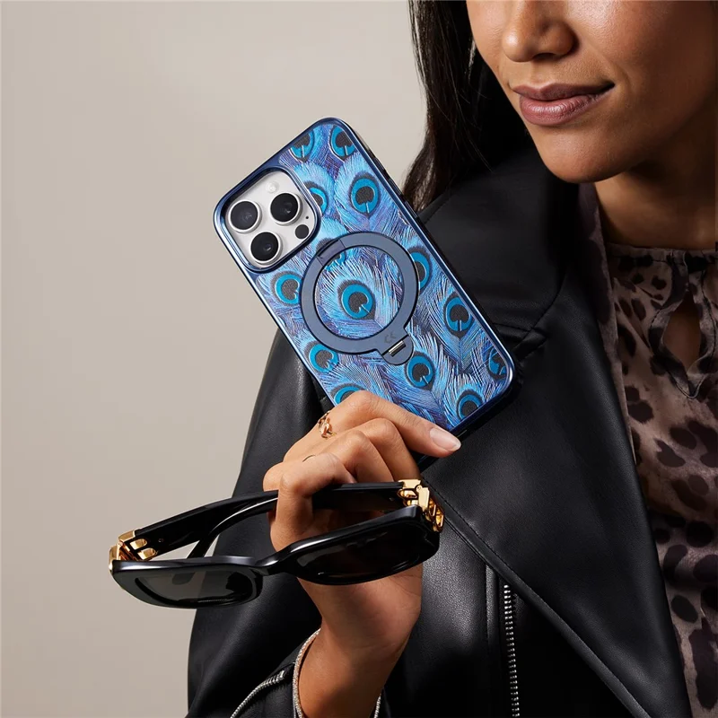 CASEKOO for iPhone 15 Pro Magnetic Case UV 3D Printing Rotating Ring Kickstand PC + TPU Phone Cover - Peacock Feather
