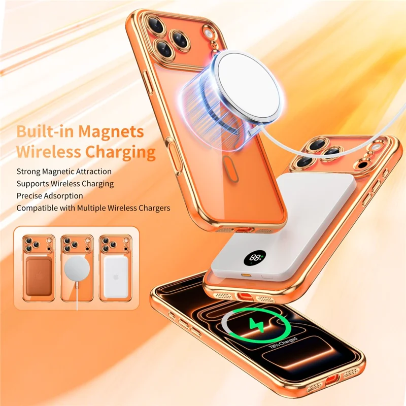 Capa Magnética para iPhone 17 Pro com Borda Eletrodepositada, Capa Traseira em Acrílico 2,0 mm TPU, Compatível com MagSafe - Laranja