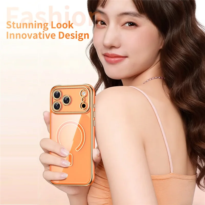Capa Magnética para iPhone 17 Pro com Borda Eletrodepositada, Capa Traseira em Acrílico 2,0 mm TPU, Compatível com MagSafe - Laranja