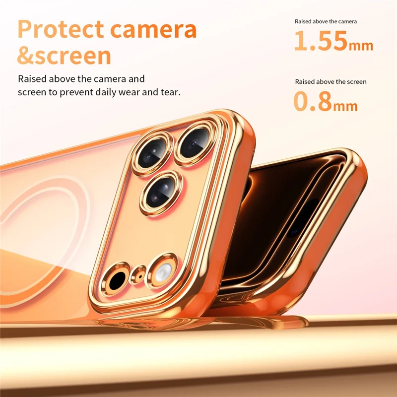 Capa Magnética para iPhone 17 Pro com Borda Eletrodepositada, Capa Traseira em Acrílico 2,0 mm TPU, Compatível com MagSafe - Laranja