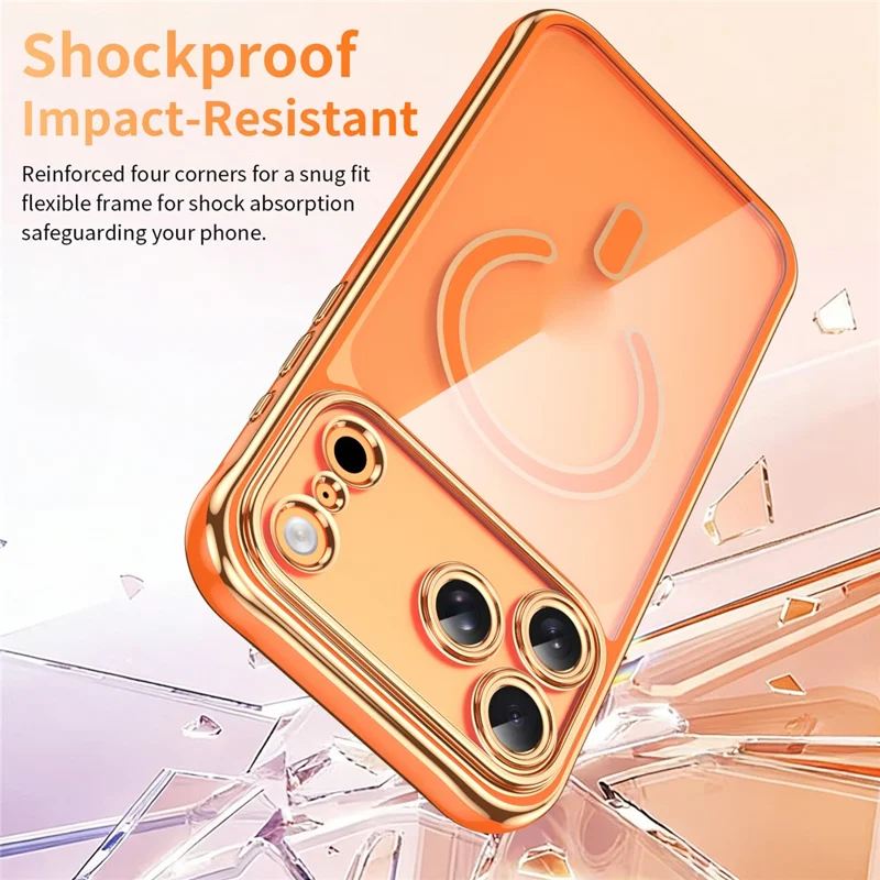 Capa Magnética para iPhone 17 Pro com Borda Eletrodepositada, Capa Traseira em Acrílico 2,0 mm TPU, Compatível com MagSafe - Laranja