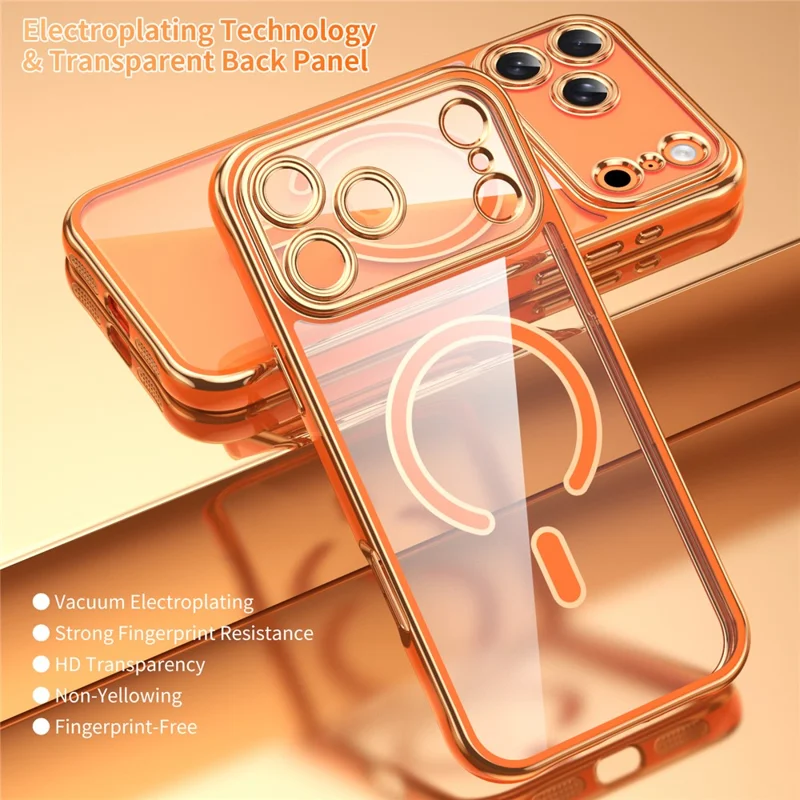 Capa Magnética para iPhone 17 Pro com Borda Eletrodepositada, Capa Traseira em Acrílico 2,0 mm TPU, Compatível com MagSafe - Laranja