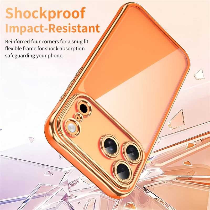 Capa Eletroplacada para iPhone 17 Pro, Capa Híbrida de Acrílico 2,0 mm com TPU, à Prova de Choques - Laranja