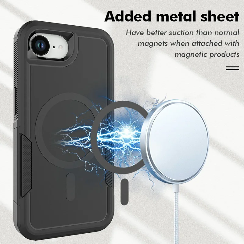 Magnetic Phone Case For iPhone 17e  /  16e Shockproof PC + TPU Cover with High-Alumina Tempered Glass Screen Protector - Black