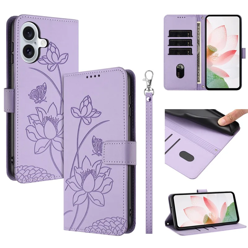 Bulk Purchasing for iPhone 17 Wallet Case Lotus Embossed Leather Flip Cover with Wrist Strap - Purple