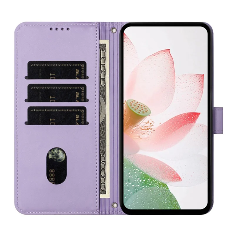 Kauf in Großmengen für iPhone 16 Brieftaschenhülle mit Lotos-Prägung aus Leder, Klappcover mit Handschlaufe - Lila