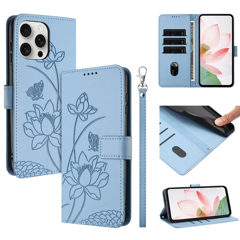 Bulk Purchasing for iPhone 16 Pro Wallet Case Lotus Embossed Leather Flip Cover with Wrist Strap - Blue