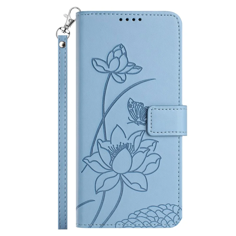 Bulk Purchasing for iPhone 16 Pro Wallet Case Lotus Embossed Leather Flip Cover with Wrist Strap - Blue