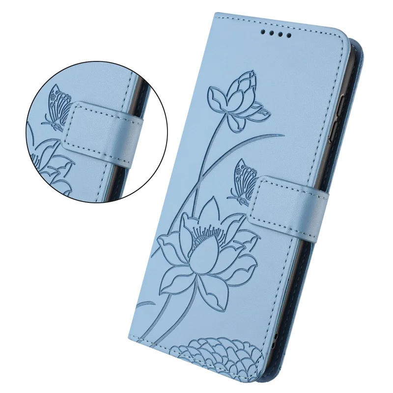 Bulk Purchasing for iPhone 16 Pro Wallet Case Lotus Embossed Leather Flip Cover with Wrist Strap - Blue
