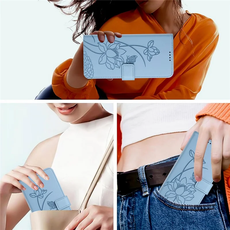 Bulk Purchasing for iPhone 16 Pro Wallet Case Lotus Embossed Leather Flip Cover with Wrist Strap - Blue