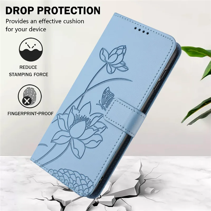 Bulk Purchasing for iPhone 16 Pro Wallet Case Lotus Embossed Leather Flip Cover with Wrist Strap - Blue