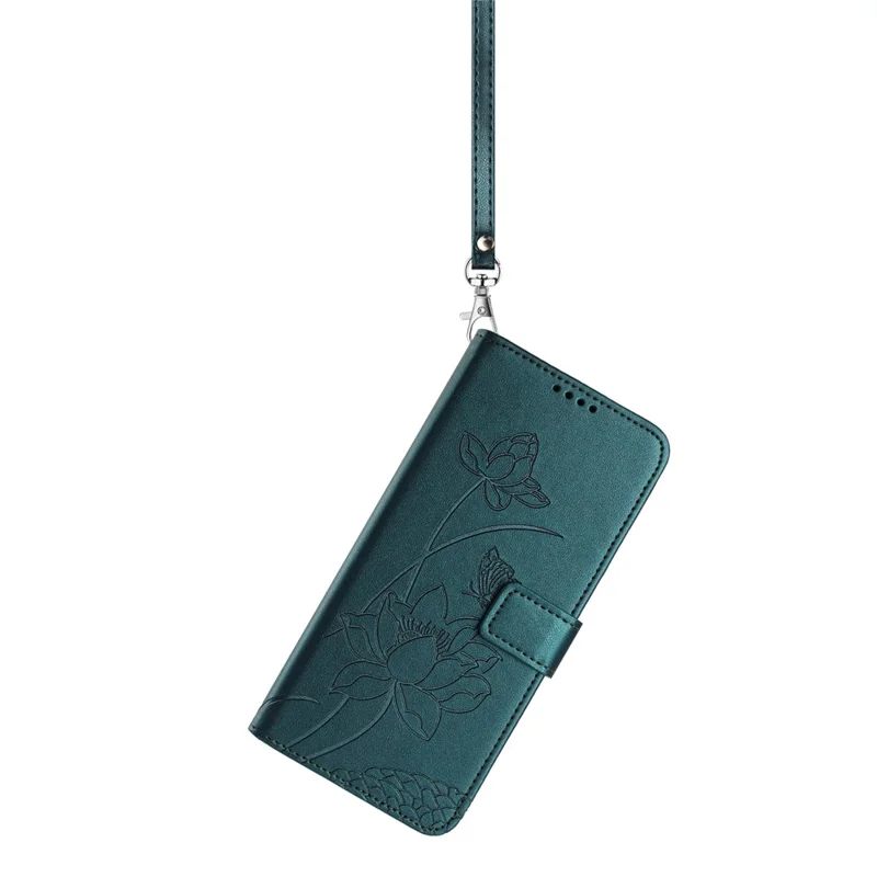 Bulk Purchasing for iPhone 16 Pro Max Wallet Case Lotus Embossed Leather Flip Cover with Wrist Strap - Dark Green