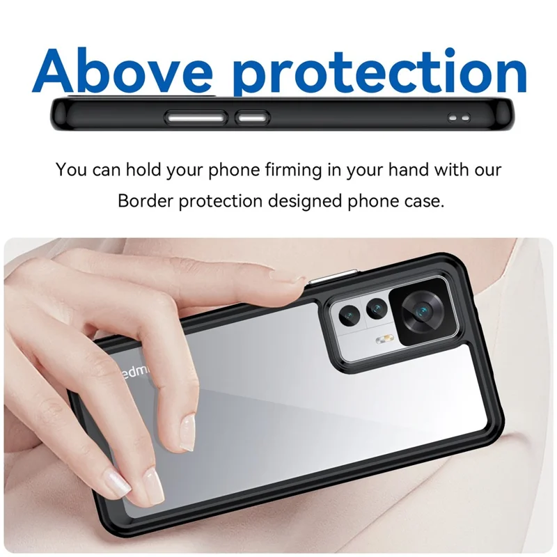 For Xiaomi 12T Pro 5G Phone Case, TPU Bumper+Acrylic Back Shockproof Protective Cover - Black