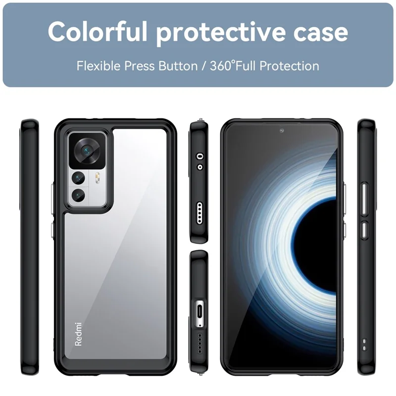 For Xiaomi 12T Pro 5G Phone Case, TPU Bumper+Acrylic Back Shockproof Protective Cover - Black