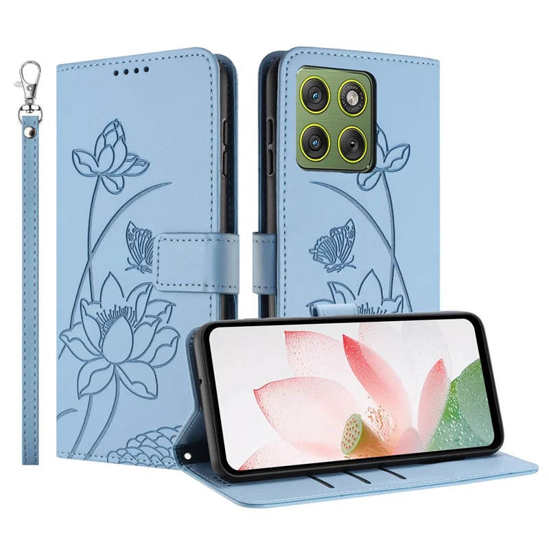 Bulk Purchasing for Motorola Edge 70 5G Wallet Case Lotus Embossed Leather Flip Cover with Wrist Strap - Blue