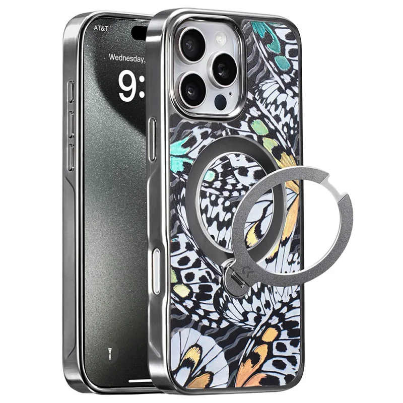 CASEKOO for iPhone 16 Pro Max Case Mirror Surface Kickstand Ring Holder Shockproof PC + TPU Cover - Butterfly Texture