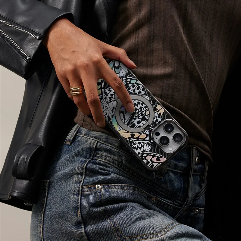 CASEKOO for iPhone 16 Pro Max Case Mirror Surface Kickstand Ring Holder Shockproof PC + TPU Cover - Butterfly Texture