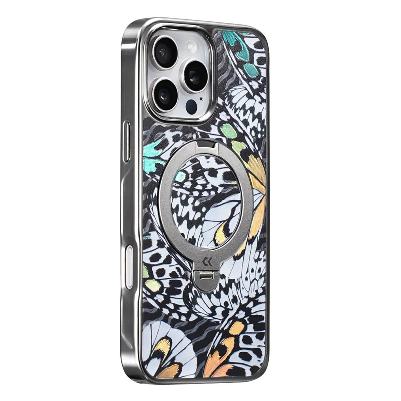CASEKOO для iPhone 16 Pro чехол зеркальная поверхность подставка кольцо держатель ударопрочный чехол из ПК + ТПУ - текстура бабочки