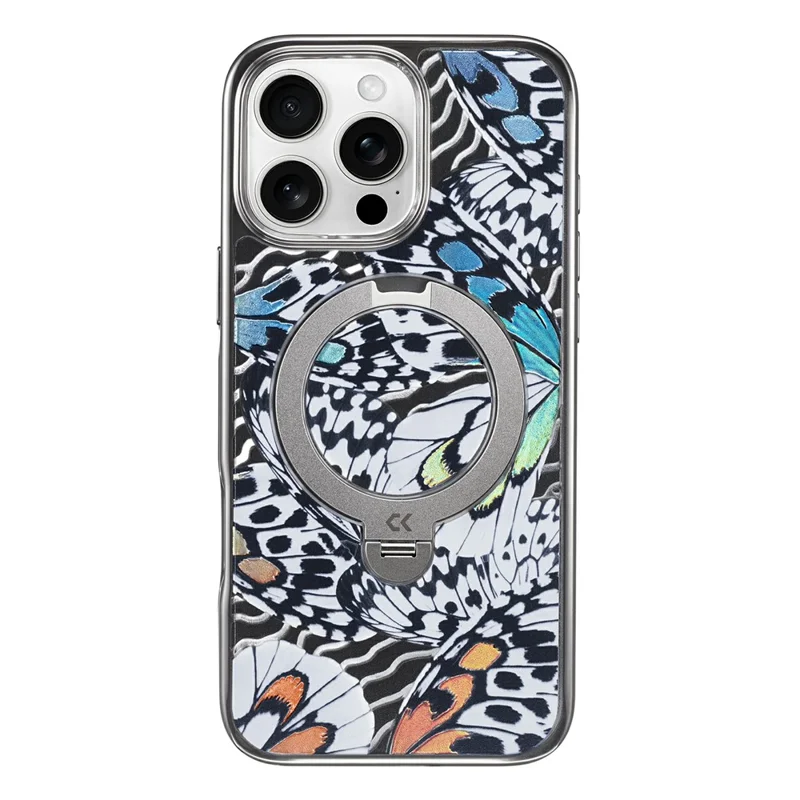 CASEKOO для iPhone 16 Pro чехол зеркальная поверхность подставка кольцо держатель ударопрочный чехол из ПК + ТПУ - текстура бабочки
