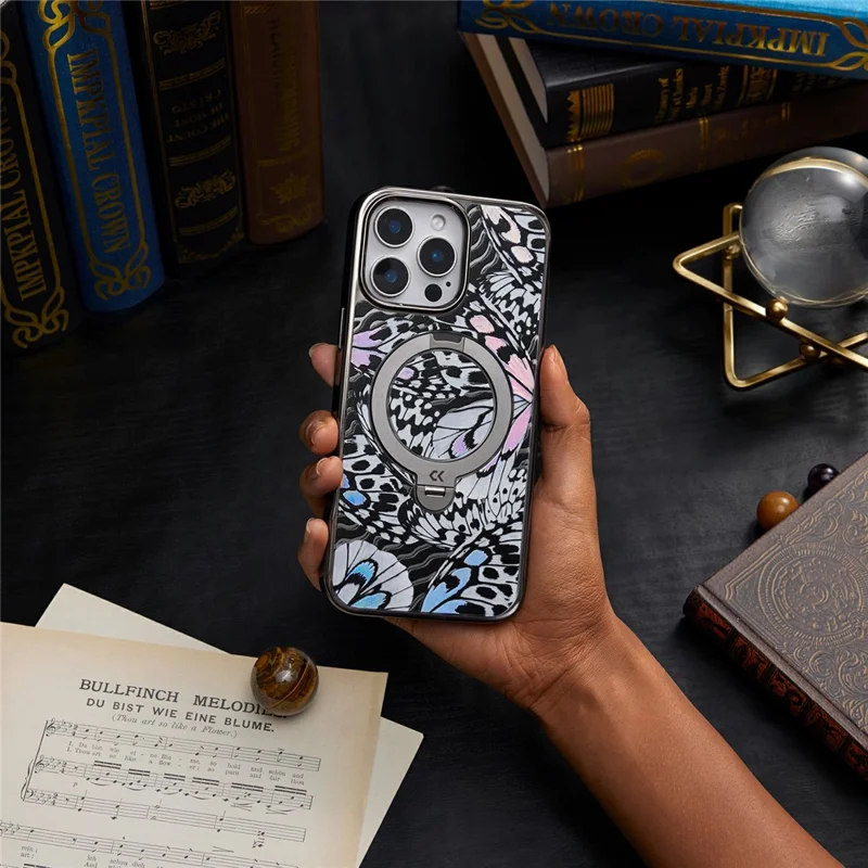 CASEKOO для iPhone 16 Pro чехол зеркальная поверхность подставка кольцо держатель ударопрочный чехол из ПК + ТПУ - текстура бабочки