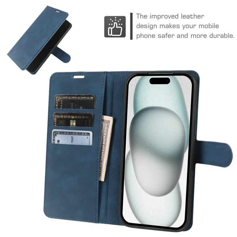 For iPhone 15 Wallet Stående Cover med Kortpladser, Hudfølelse TPU + PU Læder Flip Cover - Blå