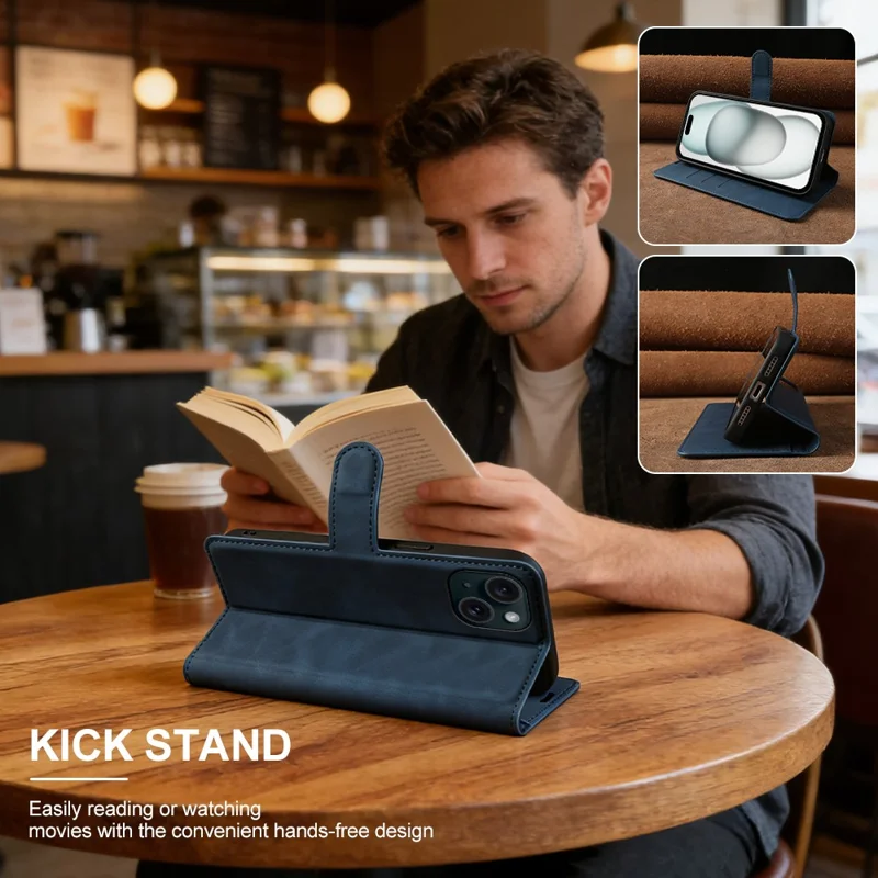 For iPhone 15 Wallet Stående Cover med Kortpladser, Hudfølelse TPU + PU Læder Flip Cover - Blå