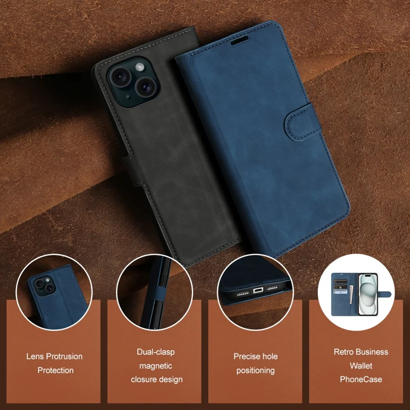 For iPhone 15 Wallet Stående Cover med Kortpladser, Hudfølelse TPU + PU Læder Flip Cover - Blå