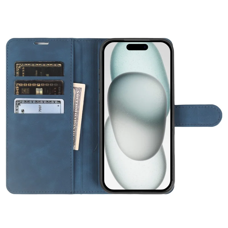 For iPhone 15 Plus Wallet Stand Case Card Slots Skin-feel TPU + PU Leather Flip Cover - Blue
