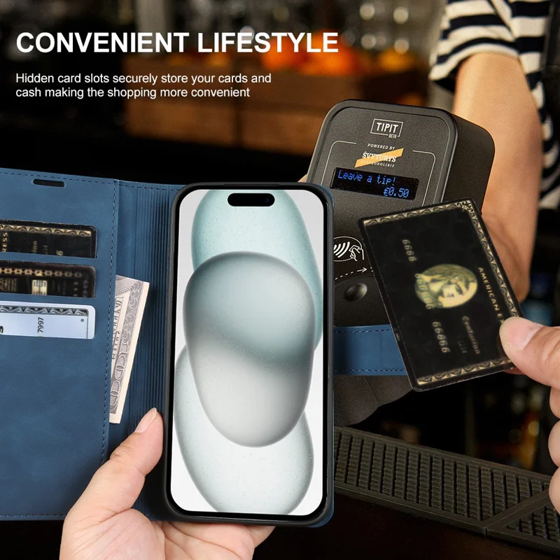 For iPhone 15 Plus Wallet Stand Case Card Slots Skin-feel TPU + PU Leather Flip Cover - Blue