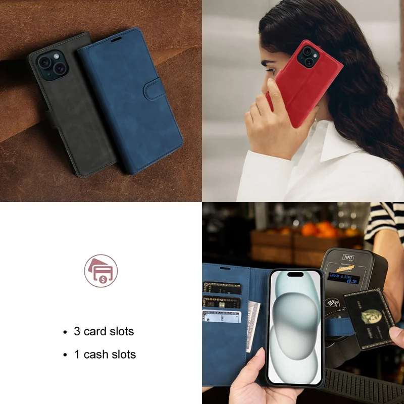 For iPhone 15 Plus Wallet Stand Case Card Slots Skin-feel TPU + PU Leather Flip Cover - Blue