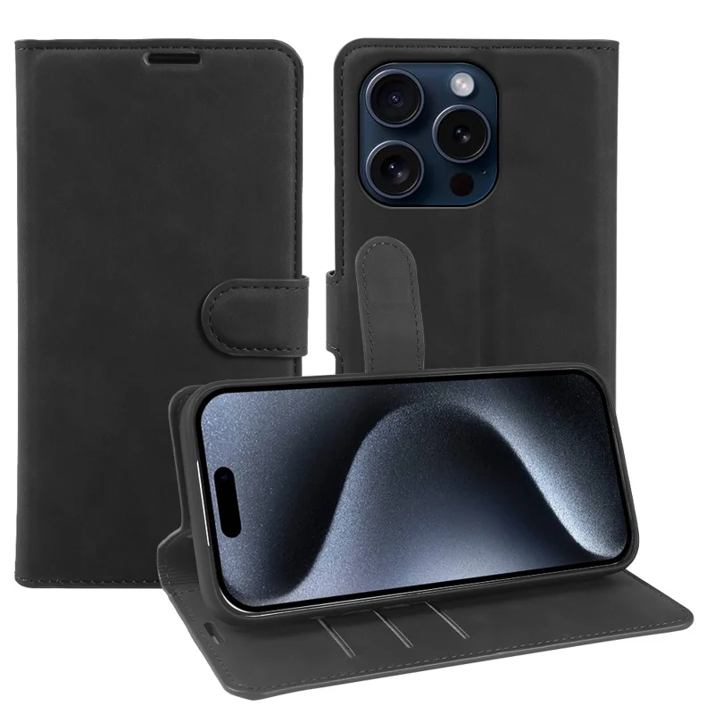For iPhone 15 Pro Max Wallet Stand Case Card Slots Skin-feel TPU + PU Leather Flip Cover - Black