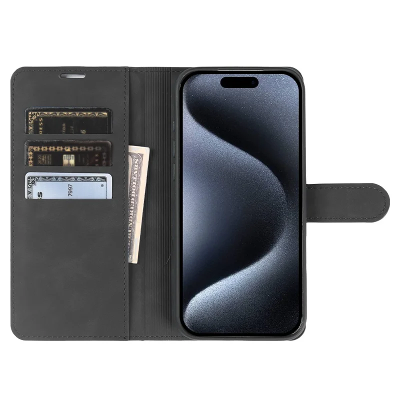 For iPhone 15 Pro Max Wallet Stand Case Card Slots Skin-feel TPU + PU Leather Flip Cover - Black