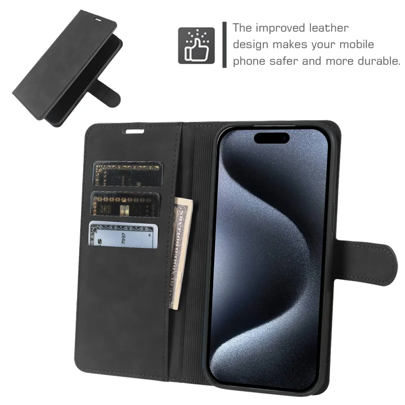 For iPhone 15 Pro Max Wallet Stand Case Card Slots Skin-feel TPU + PU Leather Flip Cover - Black