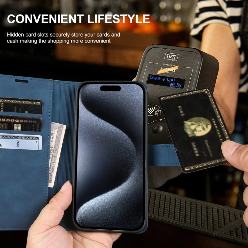 For iPhone 15 Pro Max Wallet Stand Case Card Slots Skin-feel TPU + PU Leather Flip Cover - Black