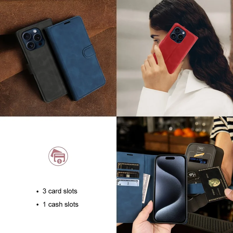 For iPhone 15 Pro Max Wallet Stand Case Card Slots Skin-feel TPU + PU Leather Flip Cover - Black